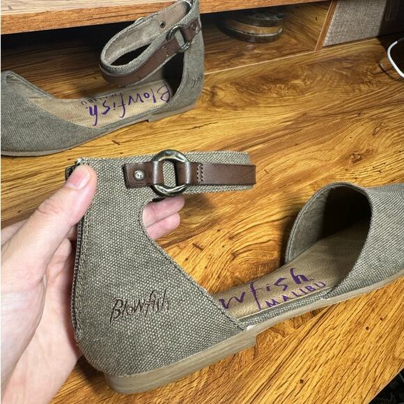 Blowfish Women 8 Zate Flats Pointed Toe Ankle Strap Ballet Brown Canvas Tan NWOT - Picture 2 of 6